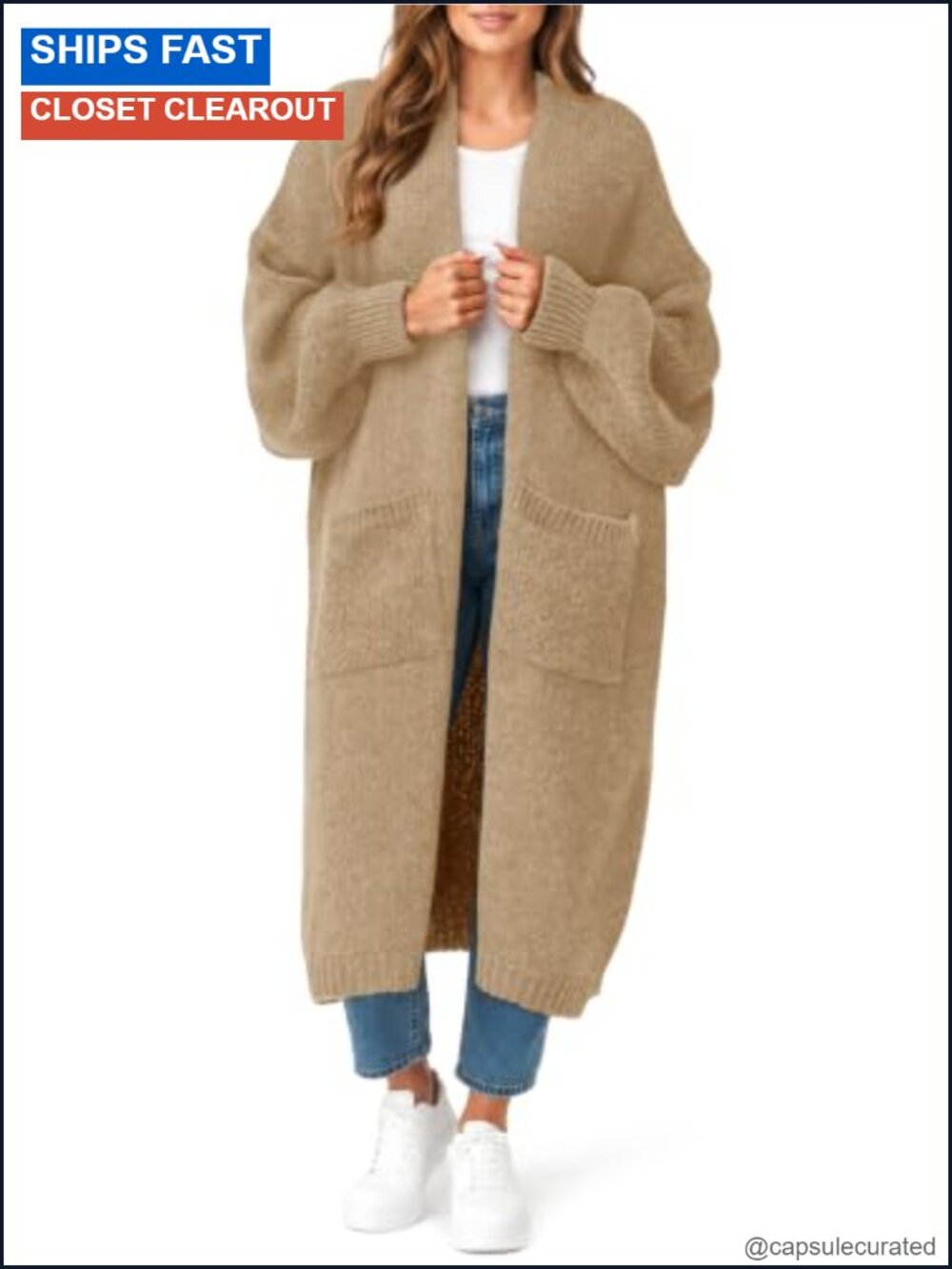 Women's Oversized Long Cardigan Open Front Knit Pockets